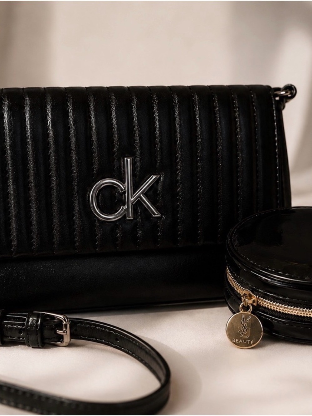 Calvin Klein Black Quilted Patent Crossbody Bag & YSL beauty coin purse new